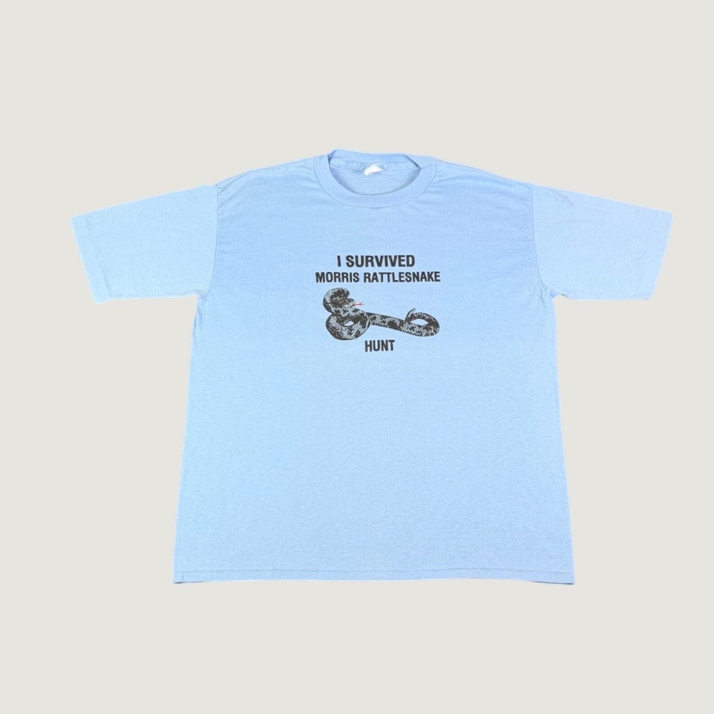 Vintage I Survived Morris Rattlesnake Hunt Graphic T-Shirt Light Blue XL L
